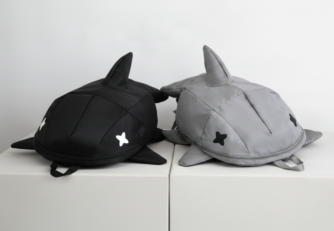 Our signature shark backpacks are designed for those who find traditional bags boring. Featured here in sleek black and stone gray, these bags boast a bold 3D fin design and minimalist 'X' eye detailing. It’s the ultimate unconventional accessory for youth who live for Japanese-inspired, standout style.