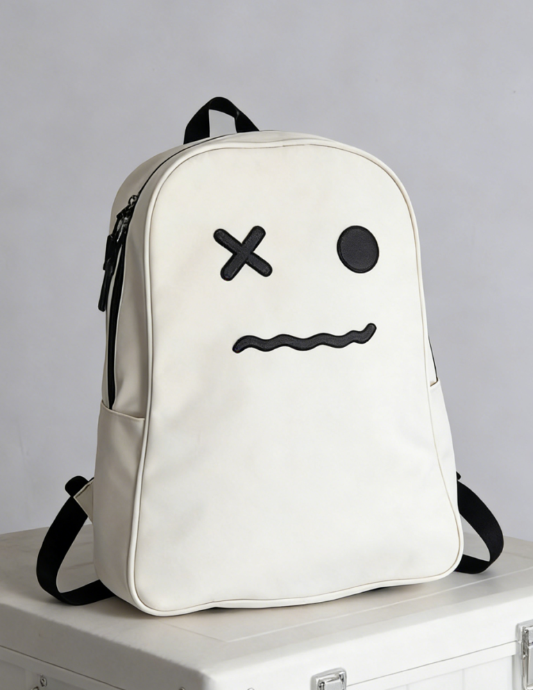 A white water-resistant school backpack called HAKU featuring a funny face design with an X-shaped eye, multiple compartments, and adjustable padded straps.