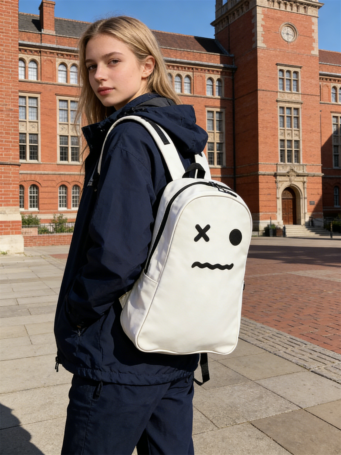 Get campus-ready for the fall semester with HAKU. This unique white school backpack combines cute and fun with everyday durability, making it the perfect statement piece for university and high school students heading back to class.