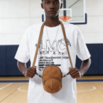 An American high schooler wearing the HATTO mustard yellow mini crossbody bag while standing on the school basketball court.