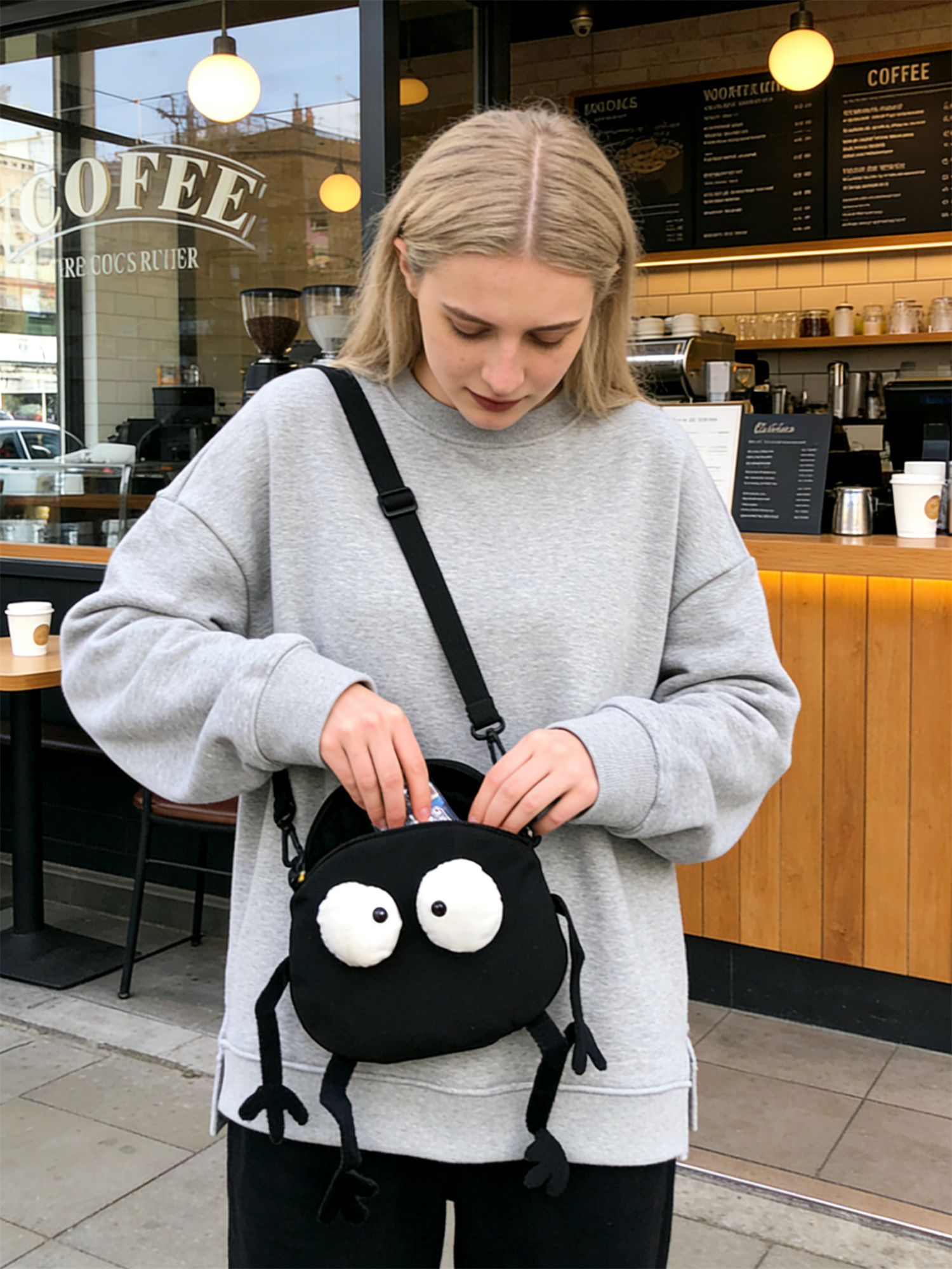 Cute crossbody bag inspired by Japanese cartoon character, perfect for students who like trendy and cute bags. Compact and lightweight, offering plenty of room for your phone, wallet, and sunscreen.