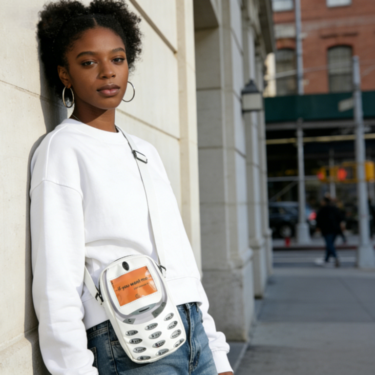 A young African-American lady showcasing her Japanese style crossbody phone bag on the streets of New York. The mini bag compliments her stylish streetwear.