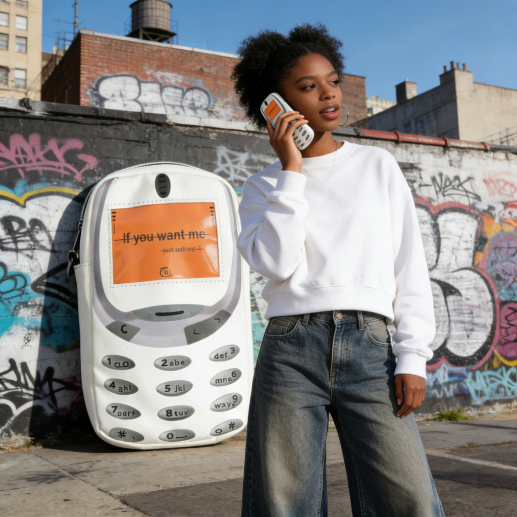 A young woman holding the MY CELL retro phone bag next to her ear on the New York city street, showcasing Harajuku-inspired streetwear style.